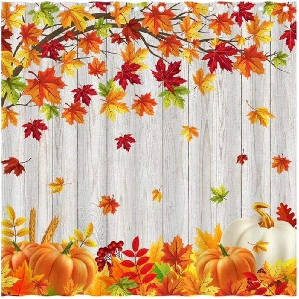 Fall Shower Curtain,Thanksgiving Pumpkin & Maple Leaves, Rustic Farmhouse 72x72